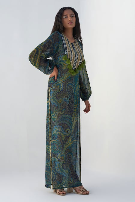 Nadima Saqib_Blue Georgette Mirrors, Zari, Embroidery Round Neck Paisley Print Long Kaftan _Online_at_Aza_Fashions