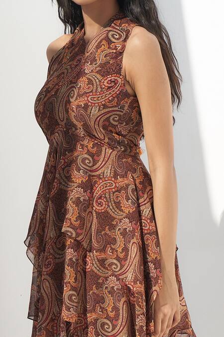 Nadima Saqib Brown Georgette Tassels V-neck Paisley And Mandla Print Asymmetric Hem Dress Online at Aza Fashions Nadima Saqib_Brown Georgette Tassels V-neck Paisley And Mandla Print Asymmetric Hem Dress _Online_at_Aza_Fashions
