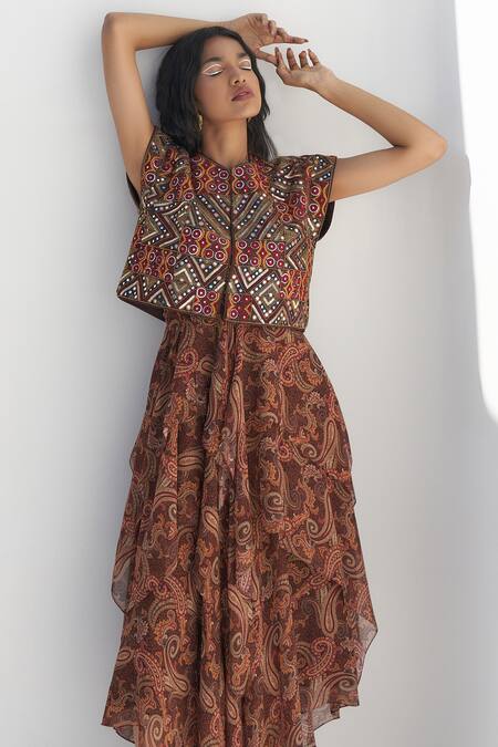 Nadima Saqib Brown Silk Mirrors, Embroidery V-neck And Abla Jacket Online at Aza Fashions Nadima Saqib_Brown Silk Mirrors, Embroidery V-neck And Abla Jacket _Online_at_Aza_Fashions