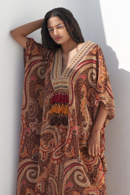 Nadima Saqib Brown Georgette Mirrors, Tassels V-neck Paisley And Mandala Print Kaftan Online at Aza Fashions Nadima Saqib_Brown Georgette Mirrors, Tassels V-neck Paisley And Mandala Print Kaftan _Online_at_Aza_Fashions