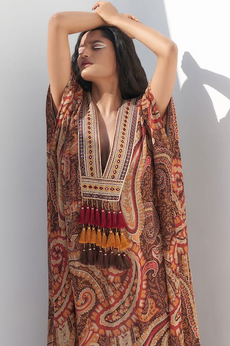 Buy Nadima Saqib Brown Georgette Mirrors, Tassels V-neck Paisley And Mandala Print Kaftan Online at Aza Fashions Buy_Nadima Saqib_Brown Georgette Mirrors, Tassels V-neck Paisley And Mandala Print Kaftan _Online_at_Aza_Fashions