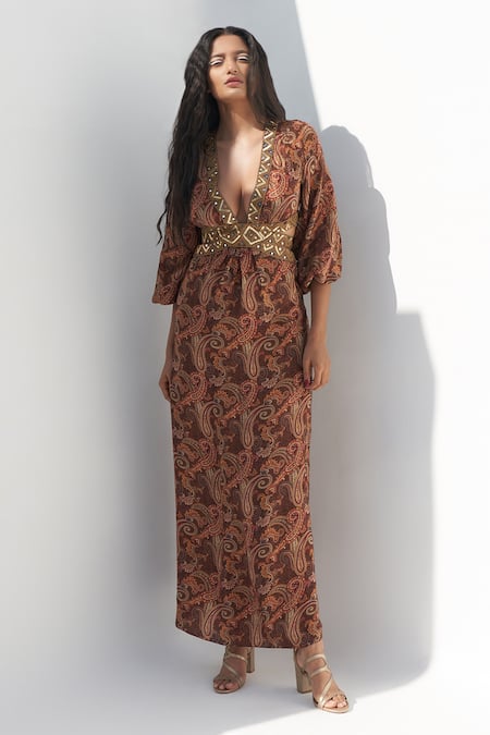 Nadima Saqib Brown Crepe Zari, Embroidery Plunge Neck Paisley Print Maxi Dress Online at Aza Fashions Nadima Saqib_Brown Crepe Zari, Embroidery Plunge Neck Paisley Print Maxi Dress _Online_at_Aza_Fashions