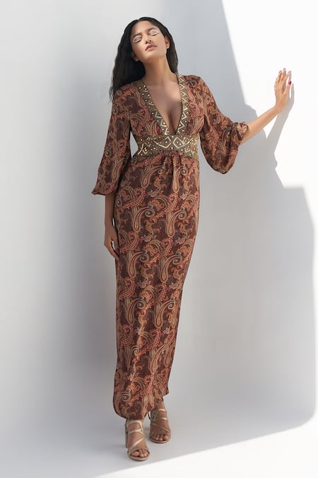 Buy Nadima Saqib Brown Crepe Zari, Embroidery Plunge Neck Paisley Print Maxi Dress Online at Aza Fashions Buy_Nadima Saqib_Brown Crepe Zari, Embroidery Plunge Neck Paisley Print Maxi Dress _Online_at_Aza_Fashions