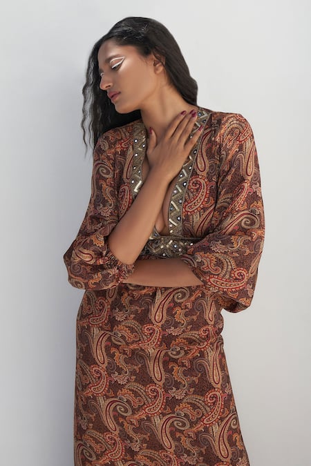 Shop Nadima Saqib Brown Crepe Zari, Embroidery Plunge Neck Paisley Print Maxi Dress Online at Aza Fashions Shop_Nadima Saqib_Brown Crepe Zari, Embroidery Plunge Neck Paisley Print Maxi Dress _Online_at_Aza_Fashions
