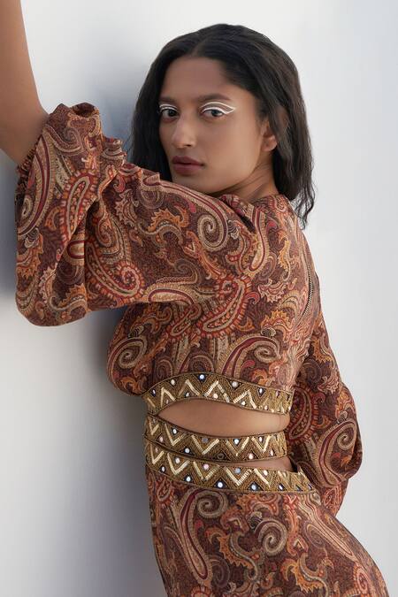 Nadima Saqib Brown Crepe Zari, Embroidery Plunge Neck Paisley Print Maxi Dress at Aza Fashions Nadima Saqib_Brown Crepe Zari, Embroidery Plunge Neck Paisley Print Maxi Dress _at_Aza_Fashions