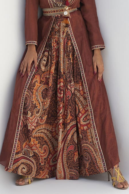 Nadima Saqib_Brown Silk Floral Mandala Print Skirt _Online_at_Aza_Fashions