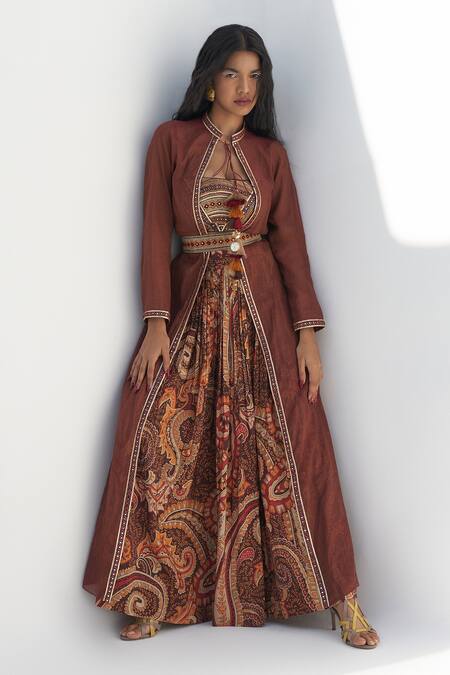 Nadima Saqib Brown Chanderi Tassels, Embroidery Collared Abla Border Jacket Online at Aza Fashions Nadima Saqib_Brown Chanderi Tassels, Embroidery Collared Abla Border Jacket _Online_at_Aza_Fashions