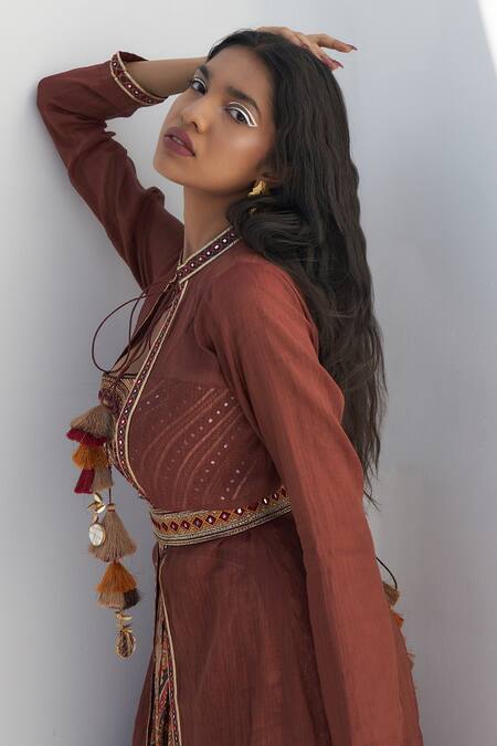 Buy Nadima Saqib Brown Chanderi Tassels, Embroidery Collared Abla Border Jacket Online at Aza Fashions Buy_Nadima Saqib_Brown Chanderi Tassels, Embroidery Collared Abla Border Jacket _Online_at_Aza_Fashions