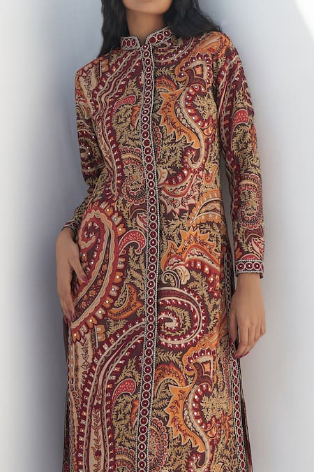 Nadima Saqib Brown Silk Embroidery Mandarin Collar Paisley And Mandala Print Kurta Online at Aza Fashions Nadima Saqib_Brown Silk Embroidery Mandarin Collar Paisley And Mandala Print Kurta _Online_at_Aza_Fashions