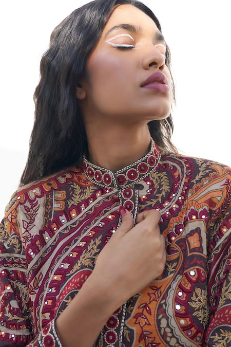 Buy Nadima Saqib Brown Silk Embroidery Mandarin Collar Paisley And Mandala Print Kurta Online at Aza Fashions Buy_Nadima Saqib_Brown Silk Embroidery Mandarin Collar Paisley And Mandala Print Kurta _Online_at_Aza_Fashions