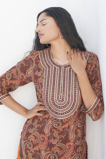 Buy Nadima Saqib Brown Crepe Mirrors, Zari, Embroidery Collared And Paisley Print Kurta Online at Aza Fashions Buy_Nadima Saqib_Brown Crepe Mirrors, Zari, Embroidery Collared And Paisley Print Kurta _Online_at_Aza_Fashions