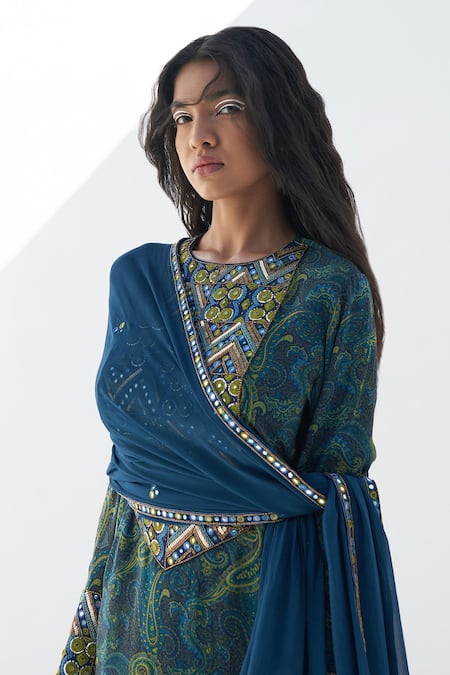 Nadima Saqib_Blue Crepe Mirrors, Beads Round Neck Yoke Embroidered And Printed Kurta _Online_at_Aza_Fashions