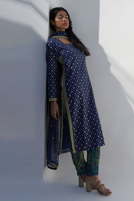 Nadima Saqib_Blue Jacquard, Chanderi Embroidery Round Neck Mirror Kurta _Online_at_Aza_Fashions