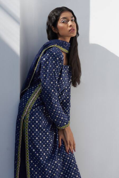 Buy_Nadima Saqib_Blue Jacquard, Chanderi Embroidery Round Neck Mirror Kurta _Online_at_Aza_Fashions