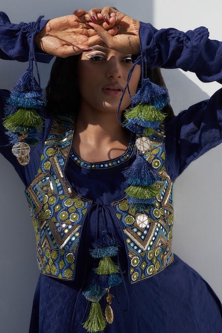 Nadima Saqib Blue Silk Mirrors, Zari, Embroidery Round Neck And Thread Jacket Online at Aza Fashions Nadima Saqib_Blue Silk Mirrors, Zari, Embroidery Round Neck And Thread Jacket _Online_at_Aza_Fashions