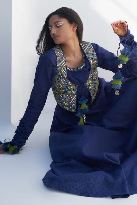 Buy Nadima Saqib Blue Chanderi, Jacquard Tassels, Mirrors Round Neck Anarkali Online at Aza Fashions Buy_Nadima Saqib_Blue Chanderi, Jacquard Tassels, Mirrors Round Neck Anarkali _Online_at_Aza_Fashions