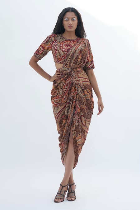 Nadima Saqib Brown Georgette Printed Paisley Pre-draped Saree  3