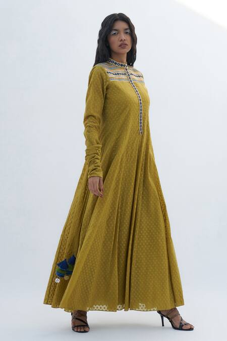 Nadima Saqib_Green Chanderi Tassels Bandeau Neck Floral Print And Embroidered Anarkali _Online_at_Aza_Fashions