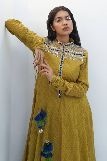 Buy_Nadima Saqib_Green Chanderi Tassels Bandeau Neck Floral Print And Embroidered Anarkali _Online_at_Aza_Fashions