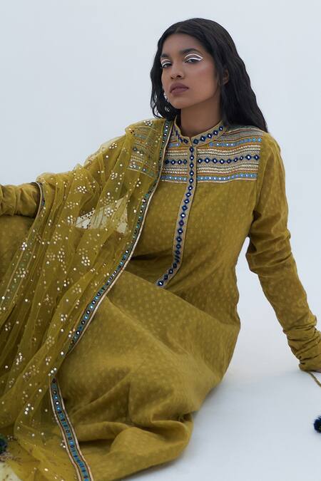 Shop_Nadima Saqib_Green Chanderi Tassels Bandeau Neck Floral Print And Embroidered Anarkali _Online_at_Aza_Fashions