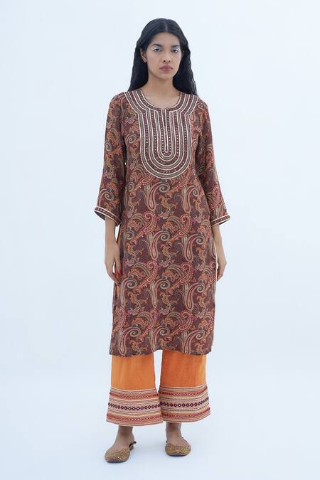 Shop Nadima Saqib Brown Crepe Mirrors, Zari, Embroidery Collared And Paisley Print Kurta Online at Aza Fashions Shop_Nadima Saqib_Brown Crepe Mirrors, Zari, Embroidery Collared And Paisley Print Kurta _Online_at_Aza_Fashions