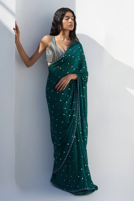 Nadima Saqib_Green Georgette Mirrors, Zari Embroidered Saree _at_Aza_Fashions