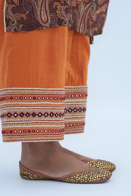 Buy_Nadima Saqib_Orange Dupion Placement Embroidery Abla Hem Pant _Online_at_Aza_Fashions
