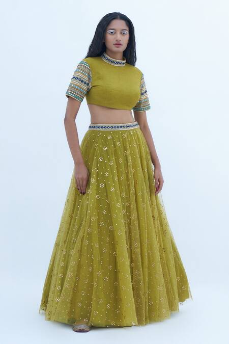 Nadima Saqib Green Denim, Tulle, Georgette Embroidery, Mirrors Round Floral Lehenga Set Online at Aza Fashions Nadima Saqib_Green Denim, Tulle, Georgette Embroidery, Mirrors Round Floral Lehenga Set _Online_at_Aza_Fashions