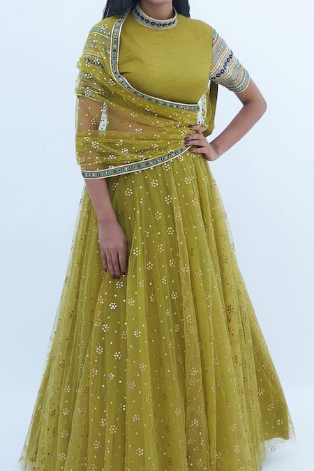 Nadima Saqib Green Denim, Tulle, Georgette Embroidery, Mirrors Round Floral Lehenga Set at Aza Fashions Nadima Saqib_Green Denim, Tulle, Georgette Embroidery, Mirrors Round Floral Lehenga Set _at_Aza_Fashions