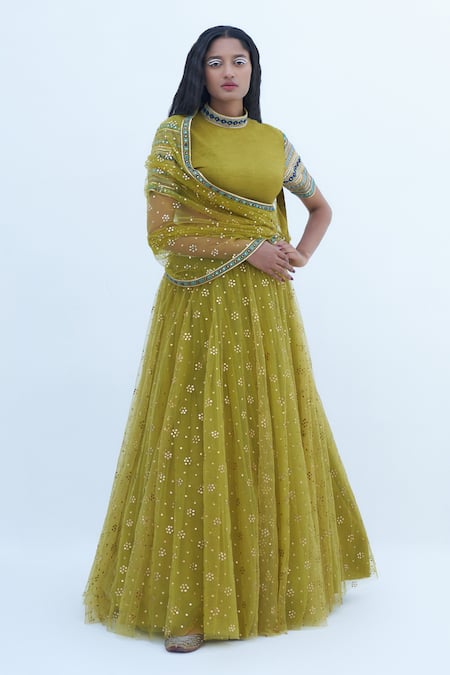 Buy Nadima Saqib Green Denim, Tulle, Georgette Embroidery, Mirrors Round Floral Lehenga Set Online at Aza Fashions Buy_Nadima Saqib_Green Denim, Tulle, Georgette Embroidery, Mirrors Round Floral Lehenga Set _Online_at_Aza_Fashions