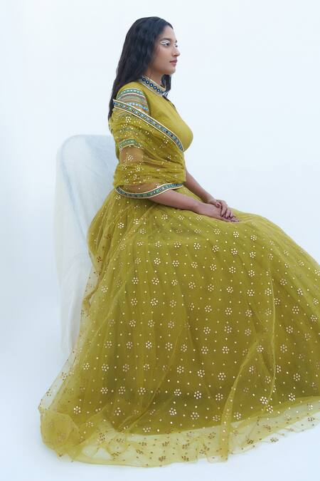 Shop Nadima Saqib Green Denim, Tulle, Georgette Embroidery, Mirrors Round Floral Lehenga Set Online at Aza Fashions Shop_Nadima Saqib_Green Denim, Tulle, Georgette Embroidery, Mirrors Round Floral Lehenga Set _Online_at_Aza_Fashions