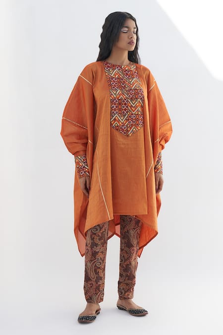 Nadima Saqib Orange Tissue Embroidered Zardosi Round And Mirror Tunic 