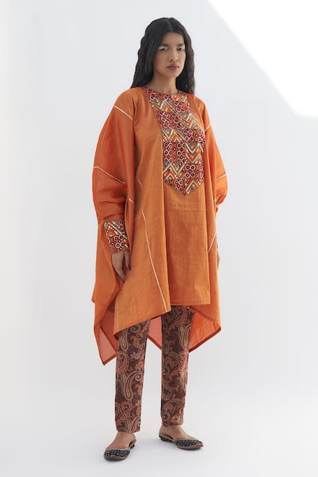 Shop Nadima Saqib Orange Tissue Zari, Mirrors, Beads, Gota Patti Zardosi And Embroidered Tunic Online at Aza Fashions Shop_Nadima Saqib_Orange Tissue Zari, Mirrors, Beads, Gota Patti Zardosi And Embroidered Tunic _Online_at_Aza_Fashions