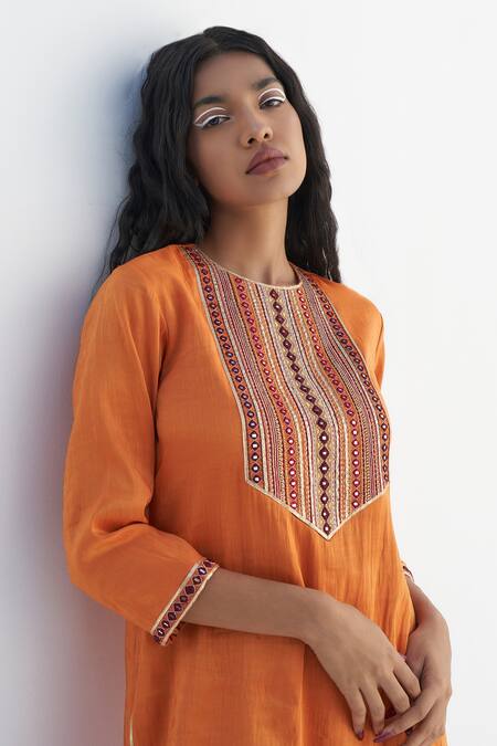 Buy Nadima Saqib Orange Tissue Mirrors, Zari, Embroidery Round Neck Yoke Kurta Online at Aza Fashions Buy_Nadima Saqib_Orange Tissue Mirrors, Zari, Embroidery Round Neck Yoke Kurta _Online_at_Aza_Fashions