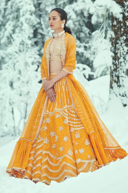 Sahil Kochhar_Yellow Organza Embroidery Plunge Neck Nagruk Floral Bridal Lehenga Set _Online_at_Aza_Fashions