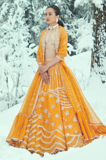 Buy_Sahil Kochhar_Yellow Organza Embroidery Plunge Neck Nagruk Floral Bridal Lehenga Set _Online_at_Aza_Fashions
