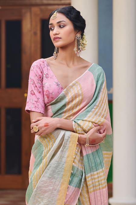 Dressfolk_Multi Color 100% Linen And Zari Woven Stripe Natkhat Pattern Saree _Online_at_Aza_Fashions