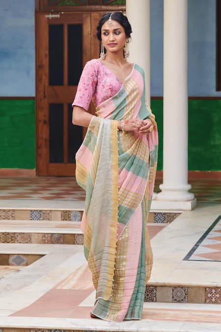 Buy_Dressfolk_Multi Color 100% Linen And Zari Woven Stripe Natkhat Pattern Saree _Online_at_Aza_Fashions