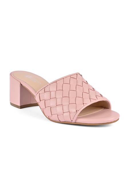 Vanilla Moon_Pink Brooches Natty Leather Broad Weave Pattern Mules_Online_at_Aza_Fashions
