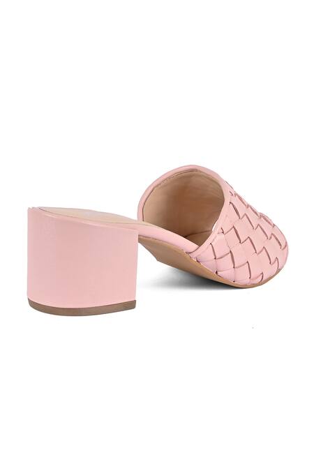 Shop_Vanilla Moon_Pink Brooches Natty Leather Broad Weave Pattern Mules_Online_at_Aza_Fashions