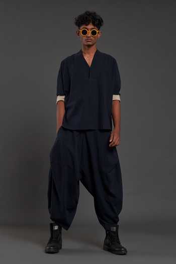 MATI_Blue 100% Cotton Plain Overlap Shirt_Online_at_Aza_Fashions