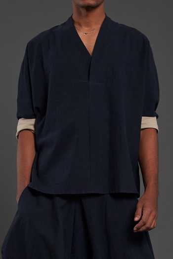 Buy_MATI_Blue 100% Cotton Plain Overlap Shirt_Online_at_Aza_Fashions