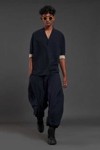 Shop_MATI_Blue 100% Cotton Plain Overlap Shirt_Online_at_Aza_Fashions