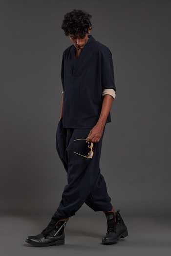 MATI_Blue 100% Cotton Plain Overlap Shirt_at_Aza_Fashions