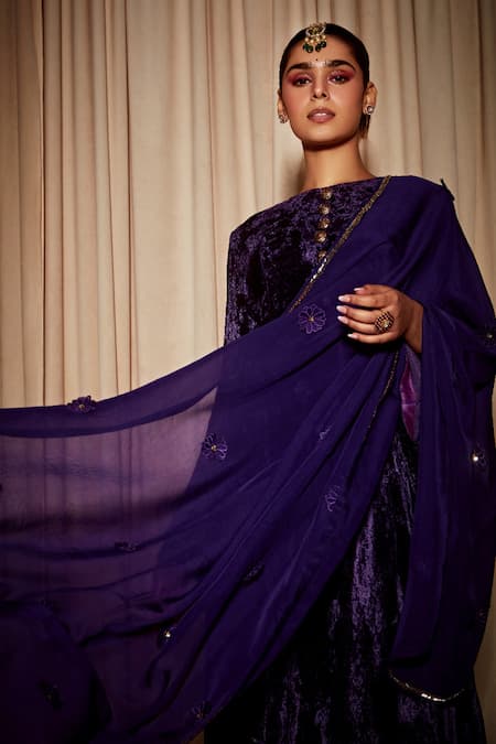 Dohr India Purple Silk, Velvet, Organza Embroidery Round Neck Kurta Set With Dupatta Online at Aza Fashions Dohr India_Purple Silk, Velvet, Organza Embroidery Round Neck Kurta Set With Dupatta _Online_at_Aza_Fashions