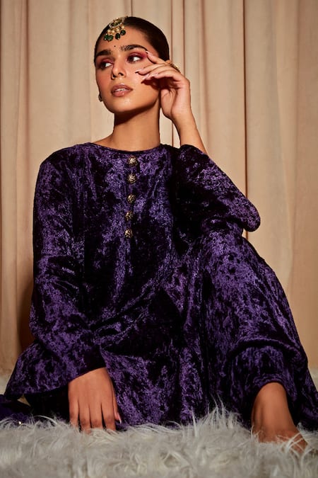 Buy Dohr India Purple Silk, Velvet, Organza Embroidery Round Neck Kurta Set With Dupatta Online at Aza Fashions Buy_Dohr India_Purple Silk, Velvet, Organza Embroidery Round Neck Kurta Set With Dupatta _Online_at_Aza_Fashions