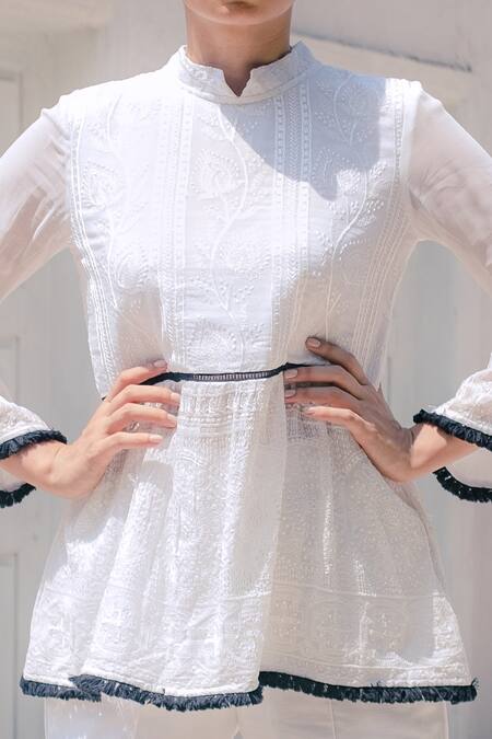 Monk & Mei By Sonia Anand White Georgette Tassels Mandarin Collar Flared Top And Pant Set Online at Aza Fashions Monk & Mei By Sonia Anand_White Georgette Tassels Mandarin Collar Flared Top And Pant Set _Online_at_Aza_Fashions