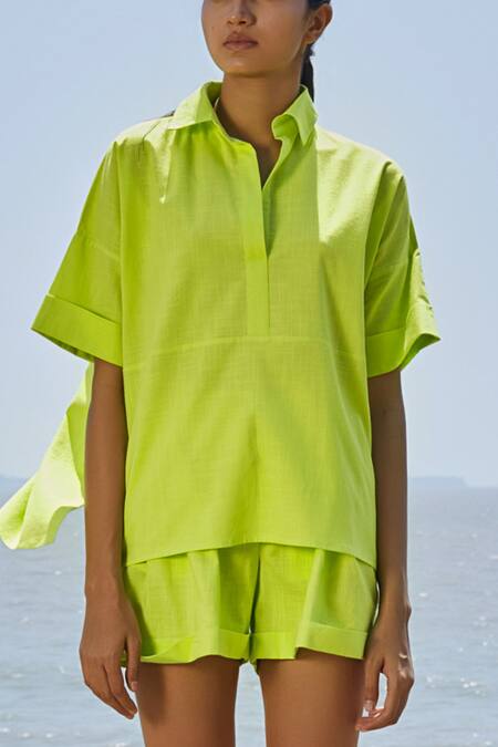 MATI_1_Green Cotton Collared Ekin Pure Neon Shirt And Shorts Co-ord Set _Online_at_Aza_Fashions