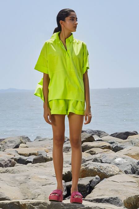 Buy_MATI_1_Green Cotton Collared Ekin Pure Neon Shirt And Shorts Co-ord Set _Online_at_Aza_Fashions