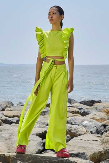 Buy_MATI_Green Cotton Square Neck Ruffled Neon Crop Top_Online_at_Aza_Fashions